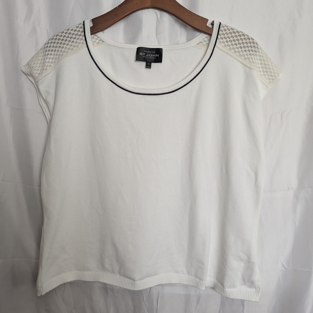 St. John White Cap-Sleeve Knit Top with Contrast Trim Size XL